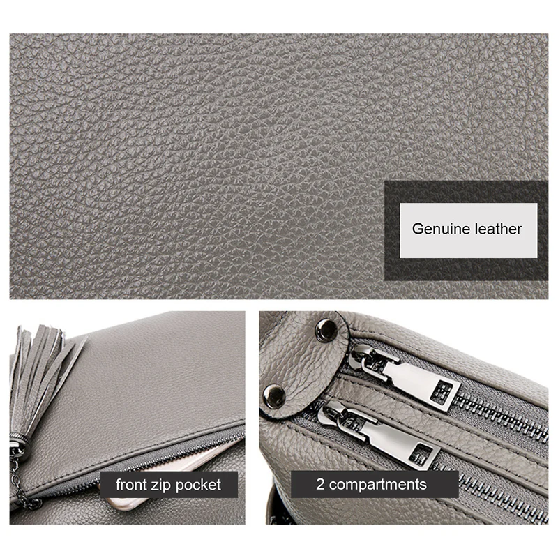 Женская сумка через плечо из натуральной кожи с 2 отделениями кожаная кисточками