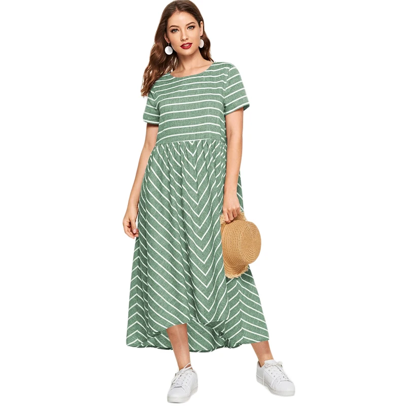 SHEIN Полосатое Платье макси с шевронным принтом, женское повседневное летнее платье с коротким рукавом, хлопковое женское платье трапециевидной формы с круглым вырезом