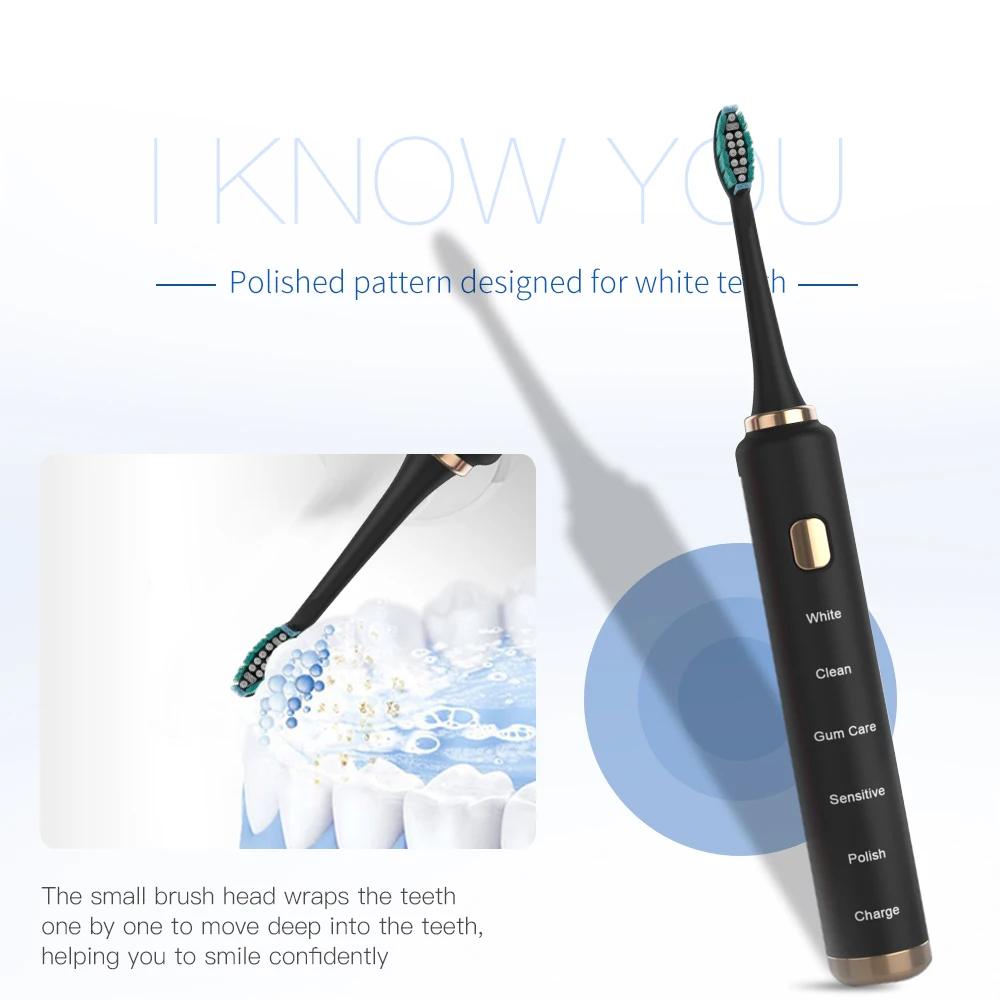Here Mega Electric Sonic Toothbrush USB Chargeable DuPont Brush Head Vibrating Whitening 3 Heads Smart Timer Teeth | Бытовая техника