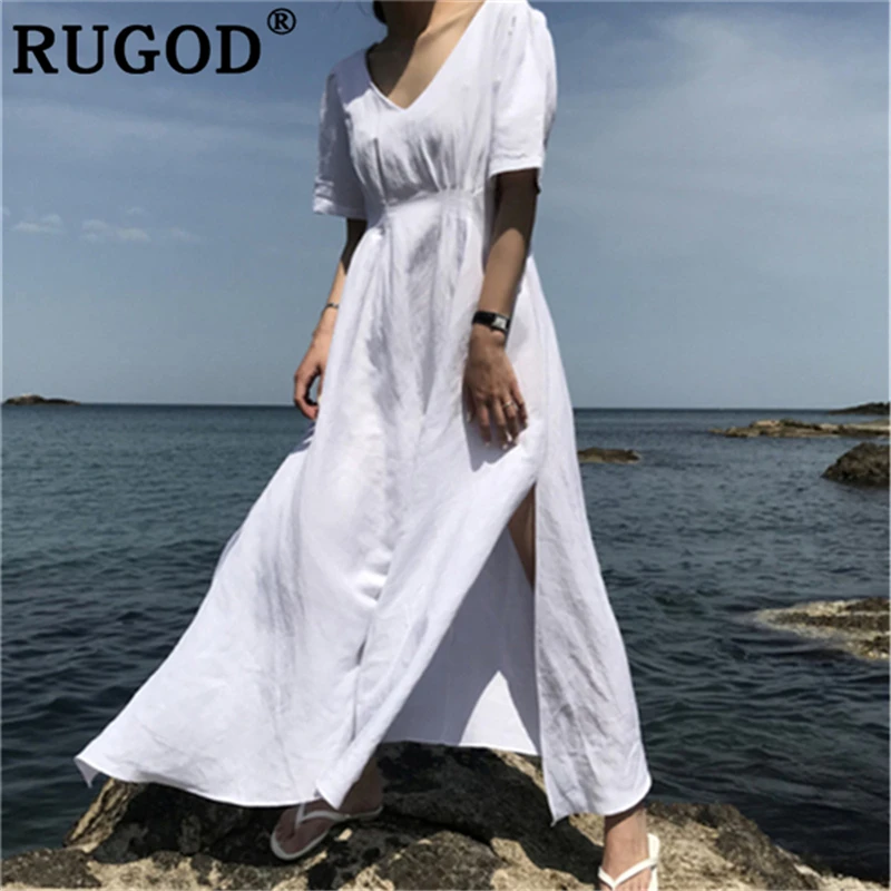 Женское платье RUGOD длинное пляжное с коротким рукавом и треугольным вырезом |