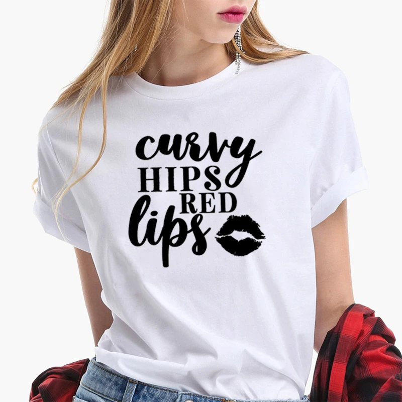 Женская футболка с принтом в виде красных губ Besikom Curvy Hips &amp Red Lips хлопковая