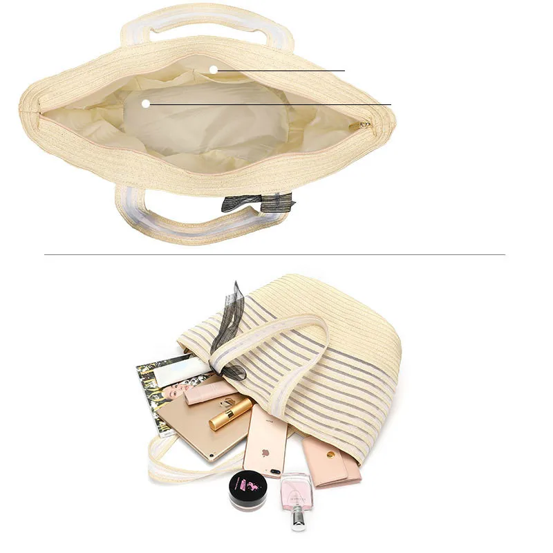 

2in1 Women Straw Bag Large Capacity Big Zipper Casual Handbag Woven Summer Vacation Travel Beach Tote Shoulder Bags With Hat