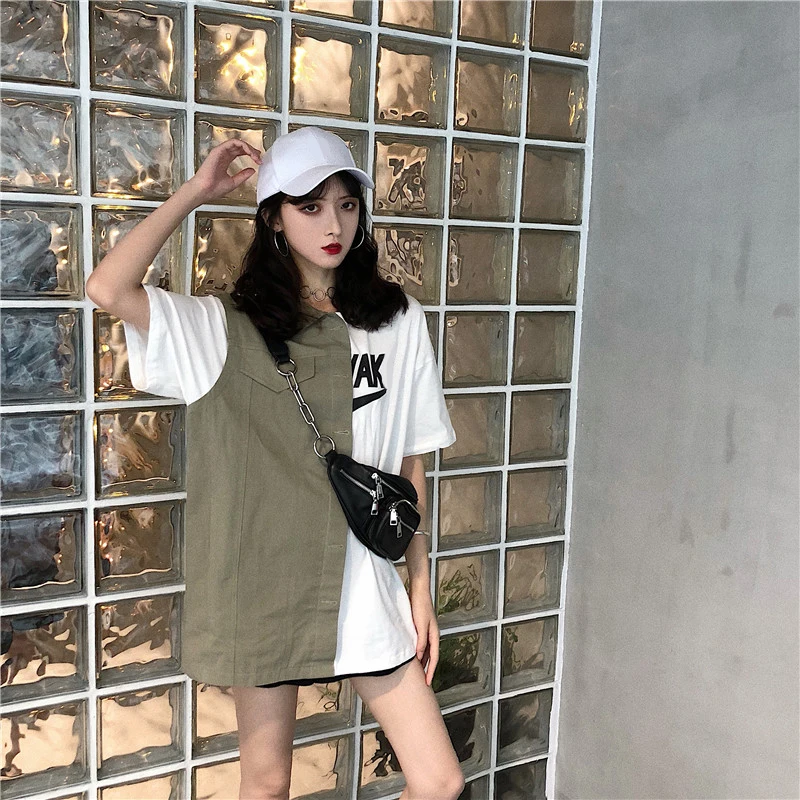Woherb летняя Harajuku футболка Женская Корейская уличная Лоскутная рубашка Женская свободная длинная футболка Camiseta Mujer 21266