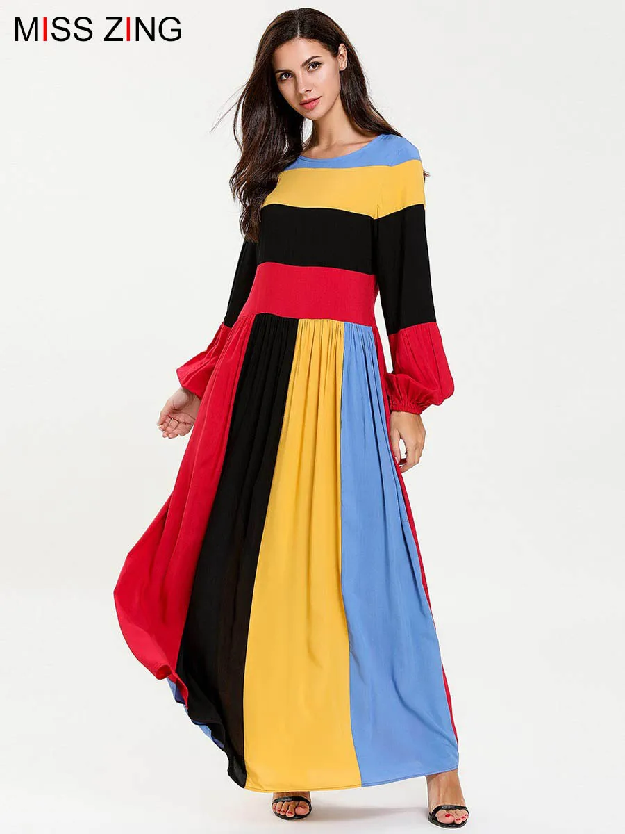 

Women Multicoloured Spliced Dress Long Sleeve Skirt Muslim Abaya Kimono Long Gowns Ramadan Middle East Islamic Prayer Clothing