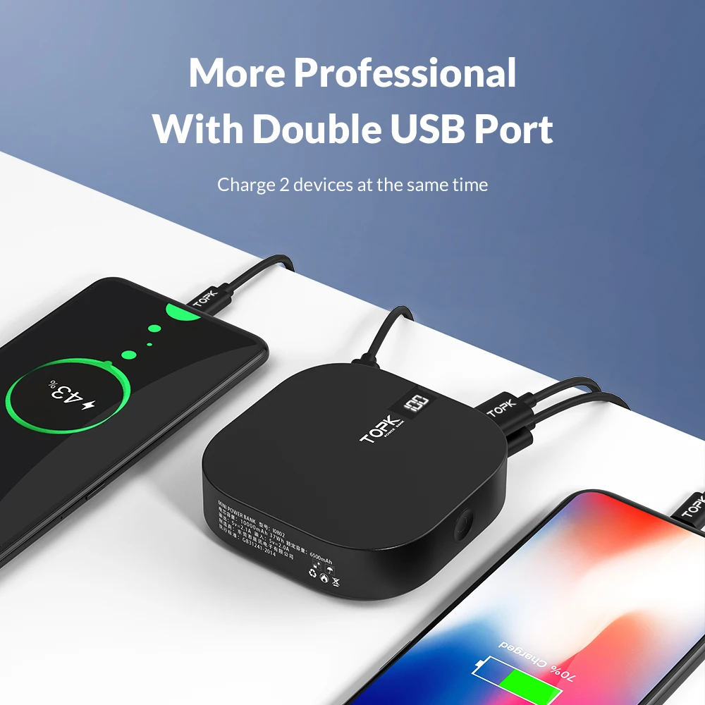 TOPK 10000 мАч Внешний аккумулятор с двумя USB мини портативными мобильными телефонами