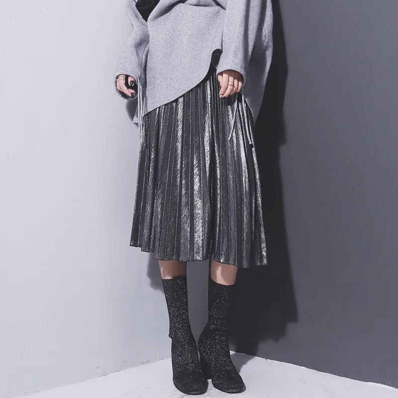 Женская плиссированная юбка средней длины с высокой талией металлик|Женские