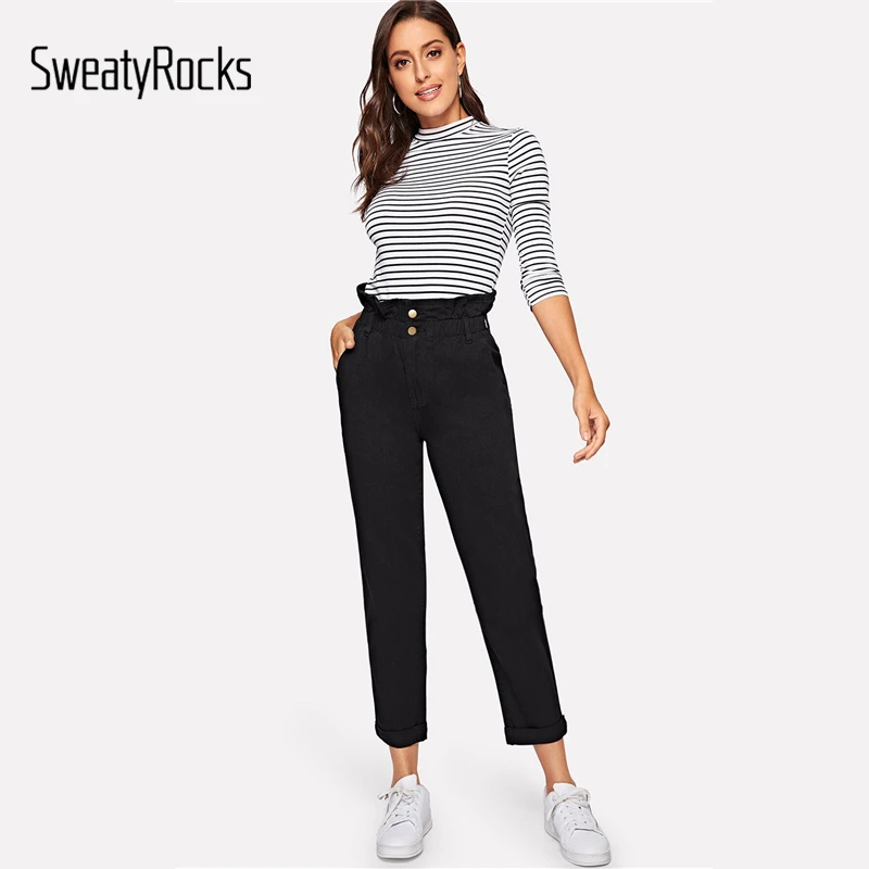Джинсы SweatyRocks Paperbag с наклонными карманами на талии, уличная одежда, Женские однотонные джинсовые штаны с высокой талией и пуговицами, весенние черные джинсы