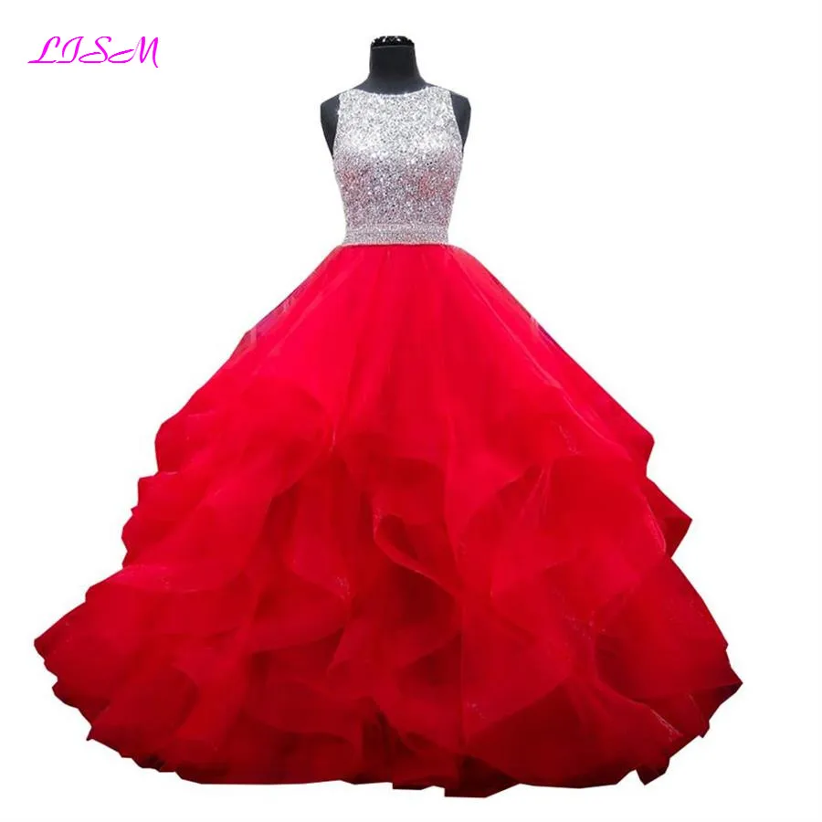 Vestidos de 15 anos Кристаллы бальное платье Бальные платья из органзы красных для