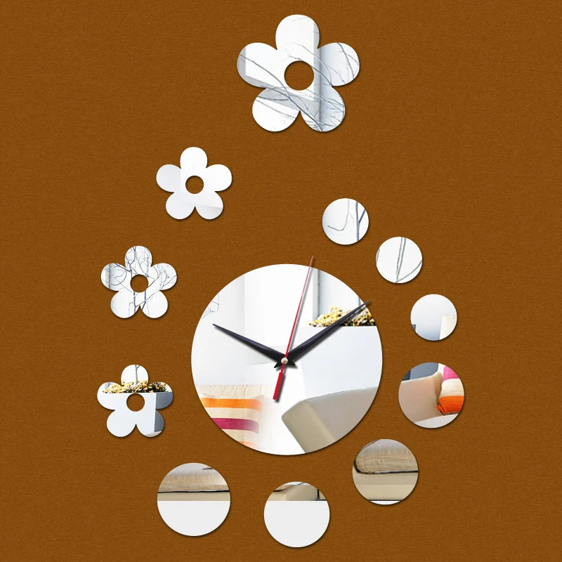 Акриловые настенные часы 3d с цветком круглые современные зеркальные наклейки