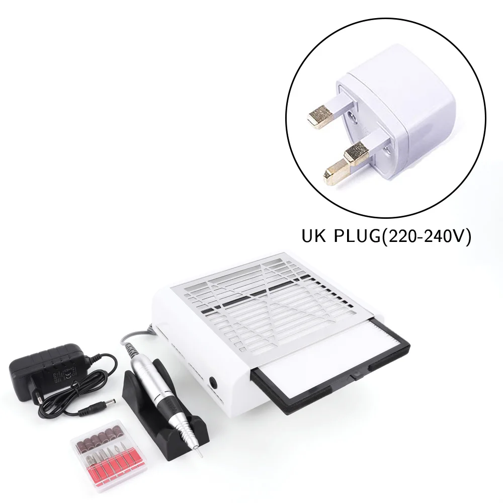 UK Plug 45000 об/мин Электрическая дрель для ногтей, пылеуловитель для ногтей, наконечник, маникюрный аппарат, напильник, набор инструментов для ногтей с сверлами для ногтей, Пыль для ногтей - Цвет: UK Plug