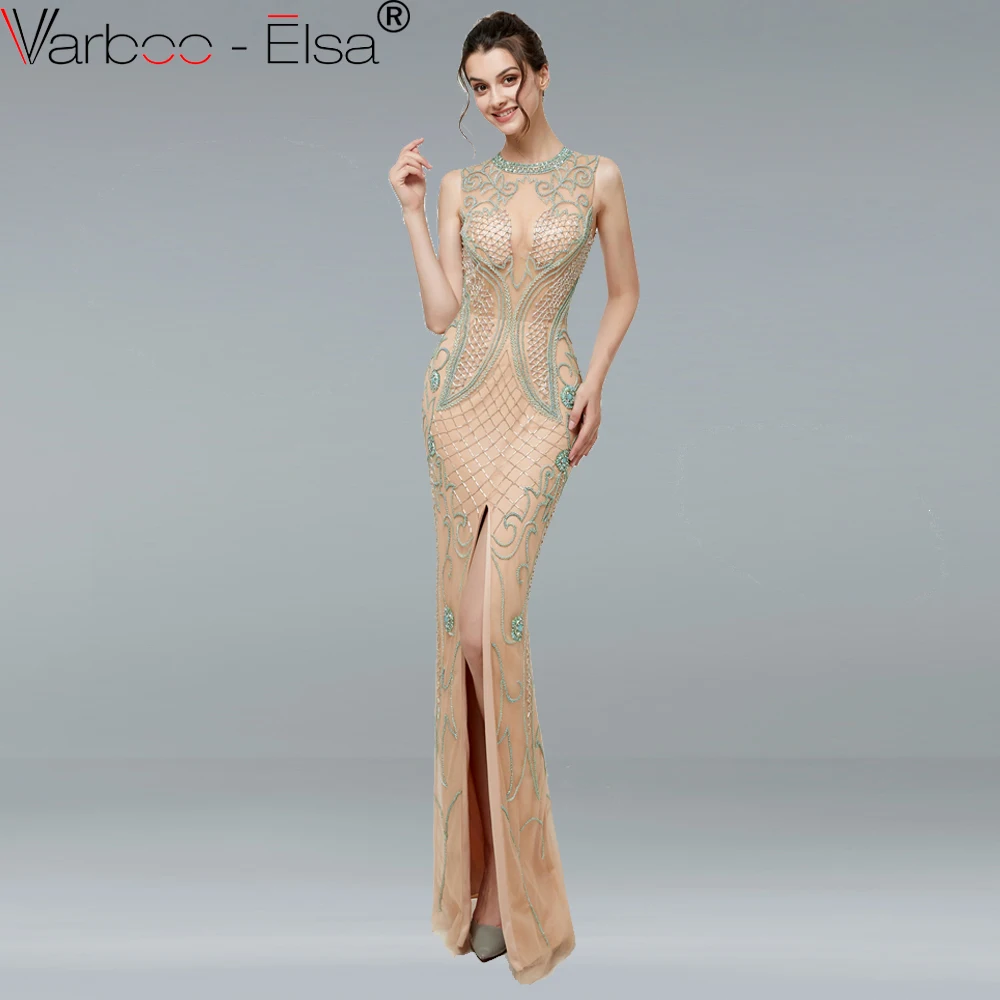 VARBOO_ELSA 2018 Роскошные вечерние платья цвета шампанского с круглым вырезом без