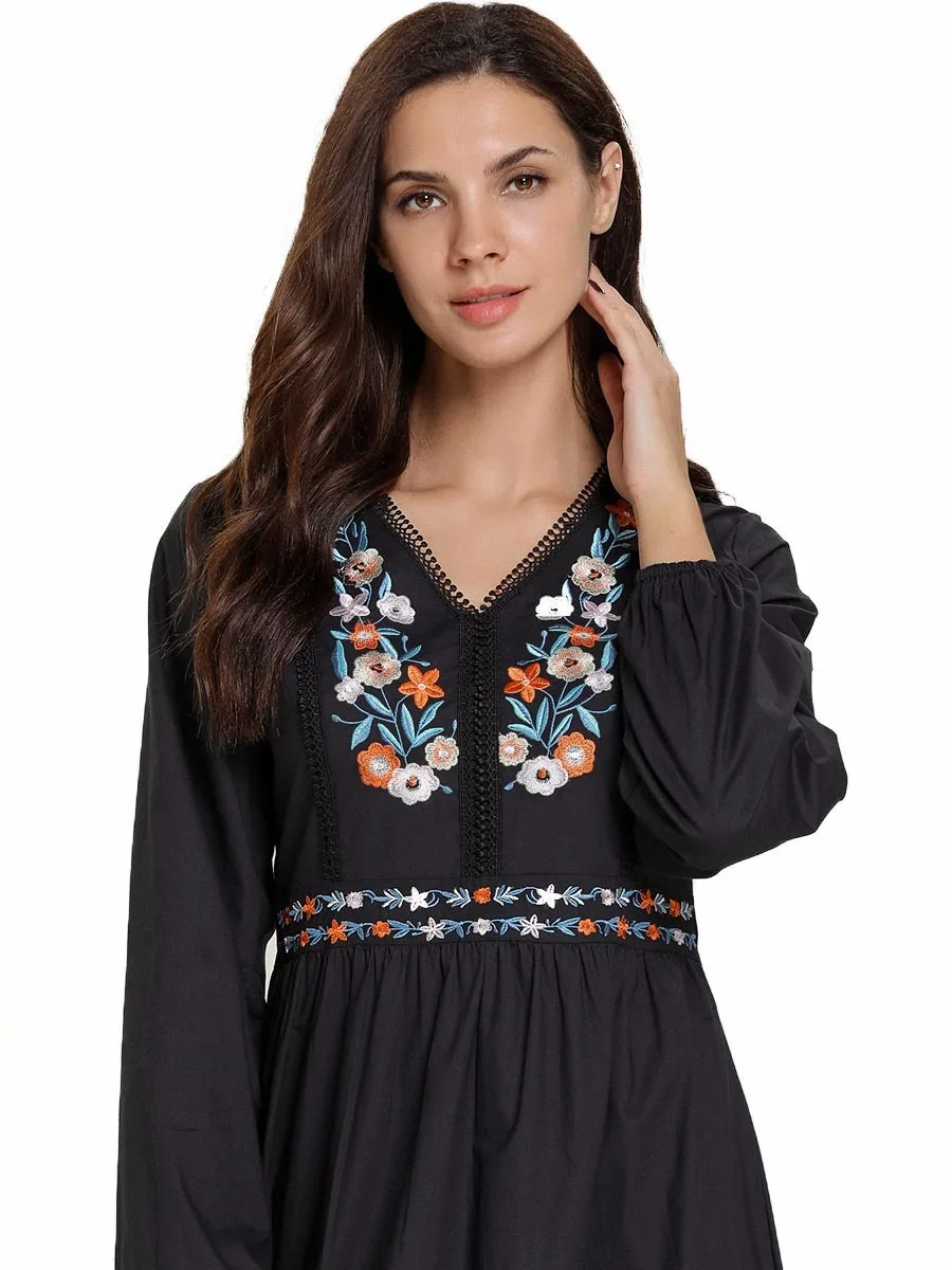 Черное мусульманское платье с цветочной вышивкой Женский хиджаб абайя Катара