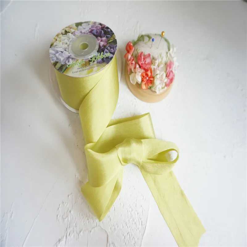 Light Green 32 мм 1,2" X5mts 12 горячие цвета чистого шелка Вышивка бархатная тесьма тонкий тафта высокое качество шелковой ленты ручной работы - Цвет: Light Green