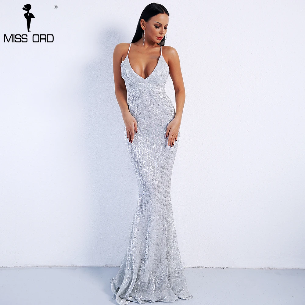 Женское платье с блестками Missord Вечернее Платье макси глубоким v-образным вырезом
