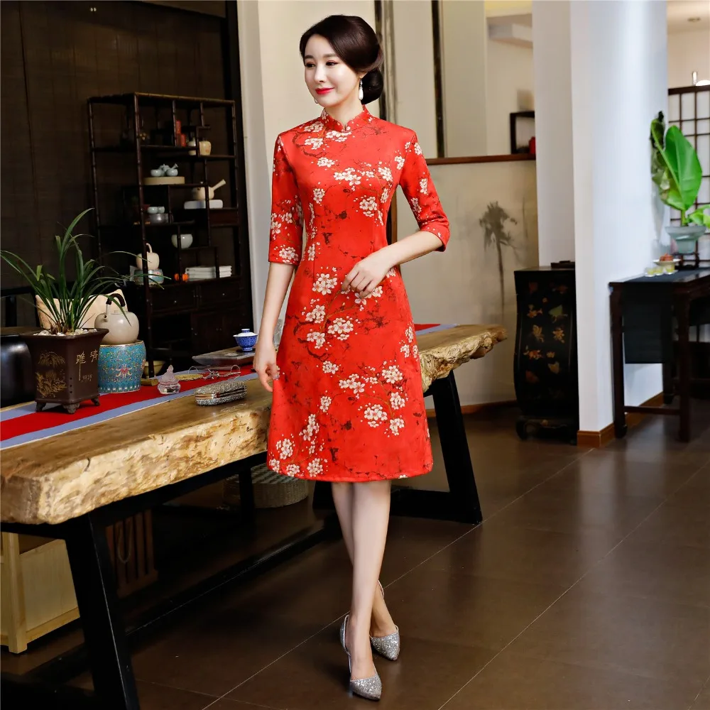 Шанхай история цветочный принт замшевое китайское платье 3/4 рукав Qipao