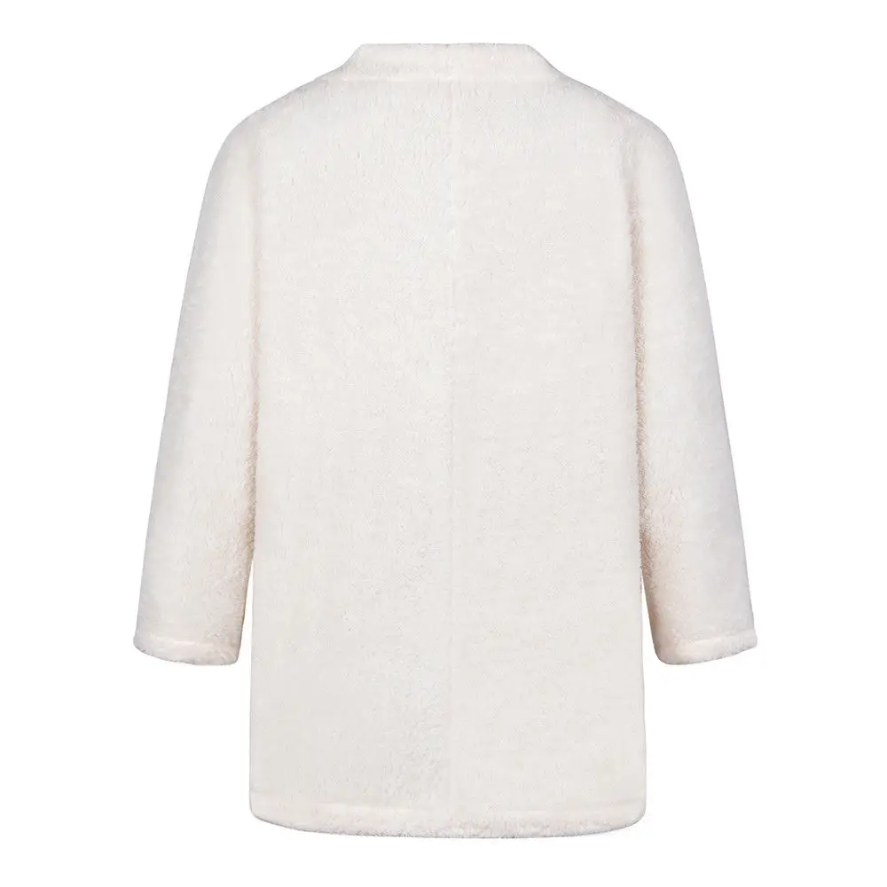 YANDW Women Sweater Coat Winter Autumn Casual Loose Long Sleeve Deep V Neck White Tops Double Pockets Open Stitch Cardigans |