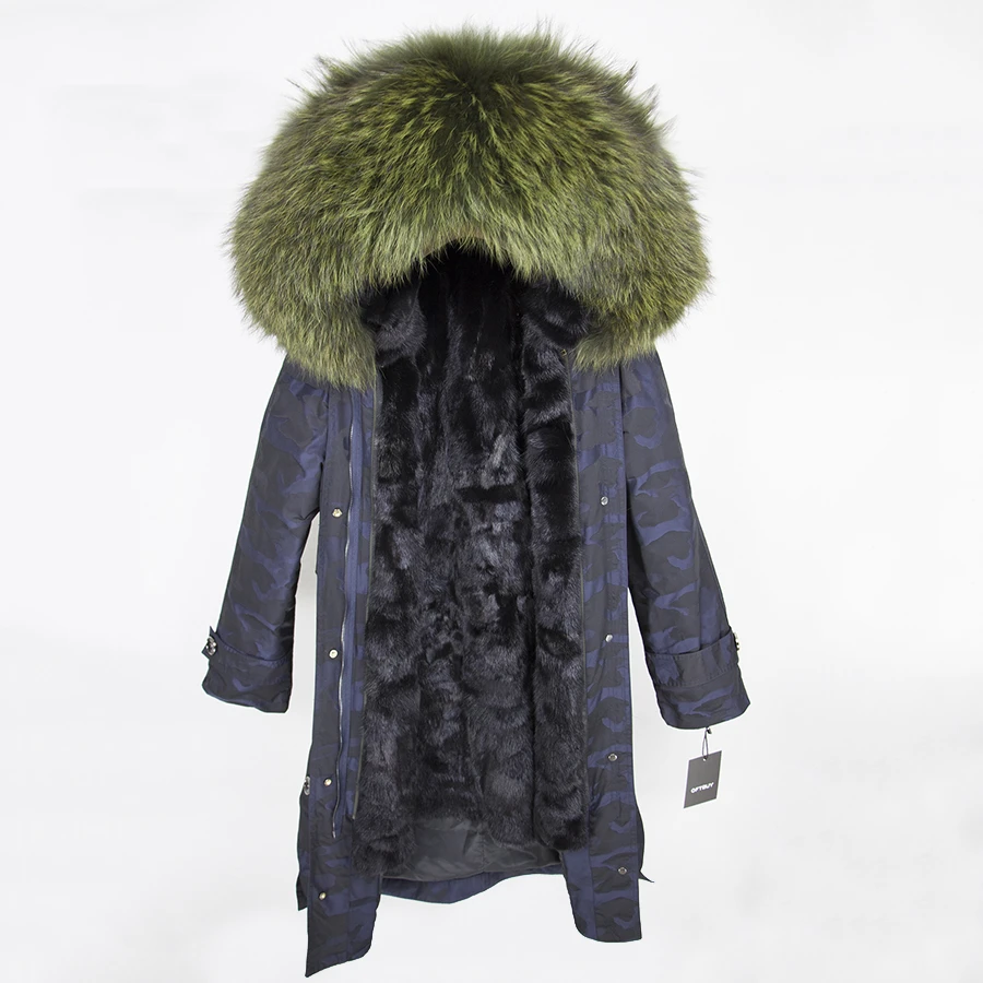 blue Camouflage 20 OFTBUY,, пальто с натуральным мехом, X-long, Камуфляжная парка, зимняя куртка для женщин, большой воротник из натурального меха енота, капюшон, подкладка из натурального меха норки - Цвет: blue Camouflage 20