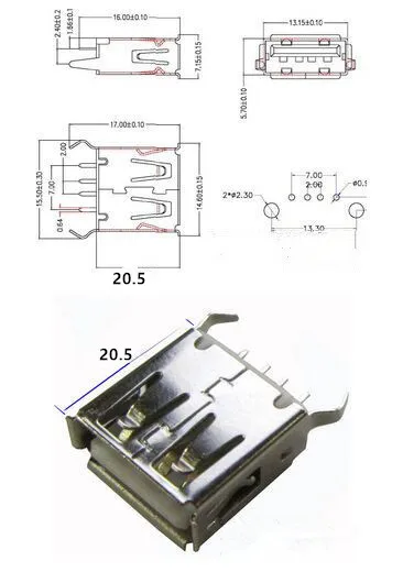 

USB A Female PCB Mount Connector - Long:20.5MM Vertical Standing 180,new and original