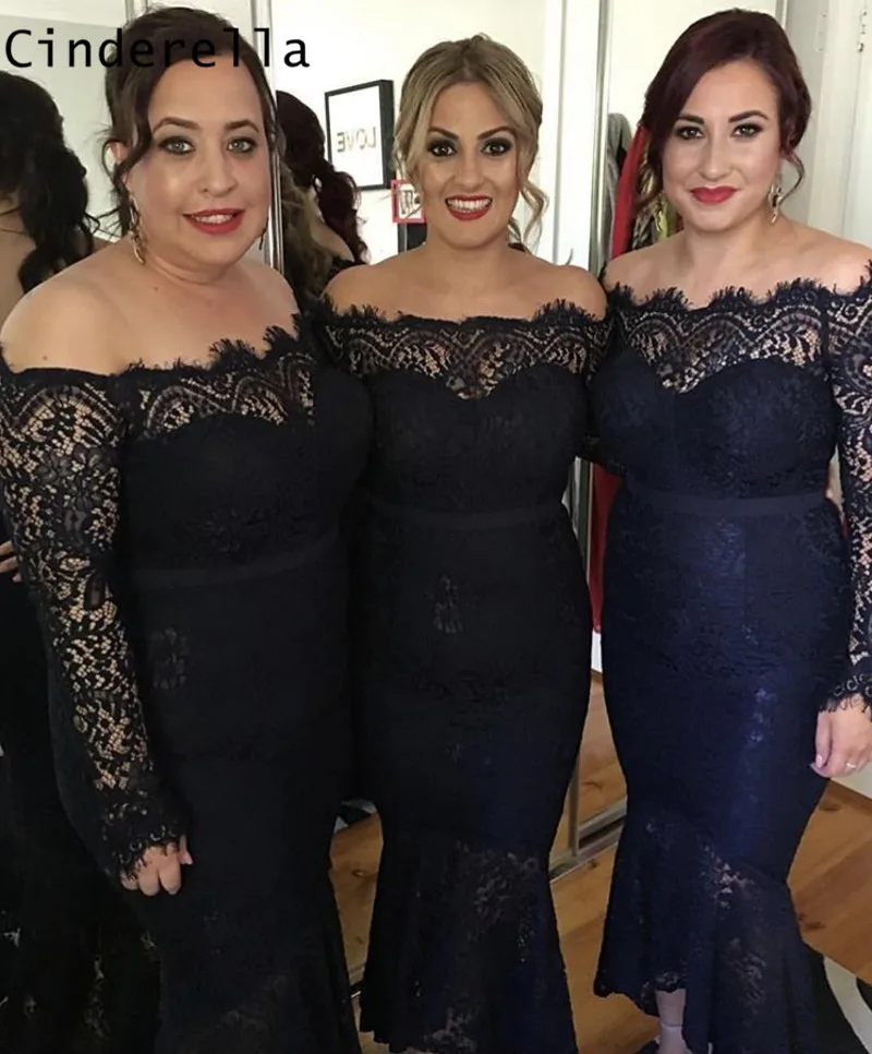 

Cinderella Navy Boat Neck Long Sleeve Lace Satin Ankle-Length Mermaid Bridesmaid Gown Sexy Lace Bridesmaid Dresses Fast Shipping