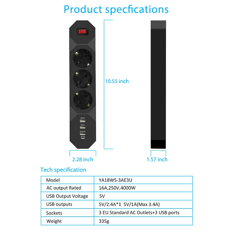 CLAITE умная USB лента питания 5 в 250 А 3 порта usb адаптер для зарядки 4000 в 16A 1,8 Вт 3 розетки переменного тока ЕС вилка CE FC-Rohs м