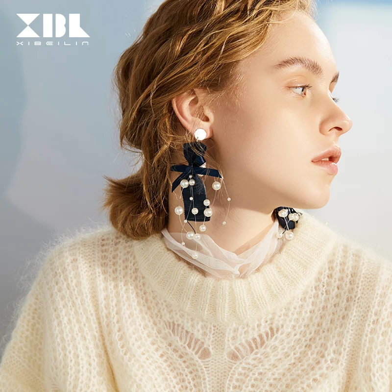 925 Silver Needle Bow Long Paragraph Temperament Imitation Pearl Personality Simple Hipster Pendant Earrings | Украшения и