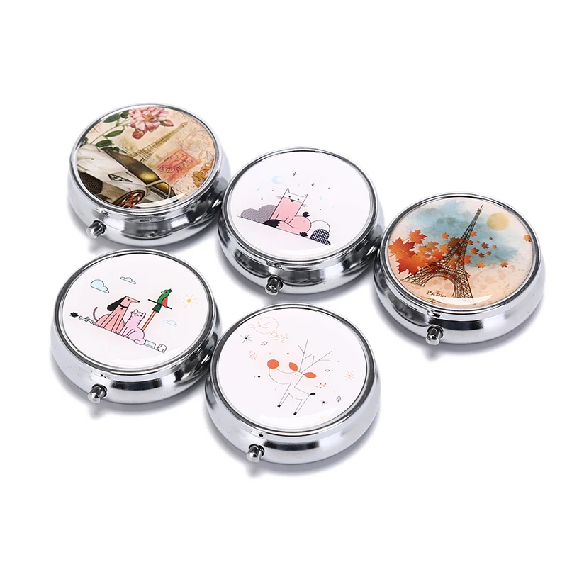 

Multi Functional Portable Metal Round Flower Print Organizer Compartment Pill Case Divid Storage Tablet Container Medicine Box