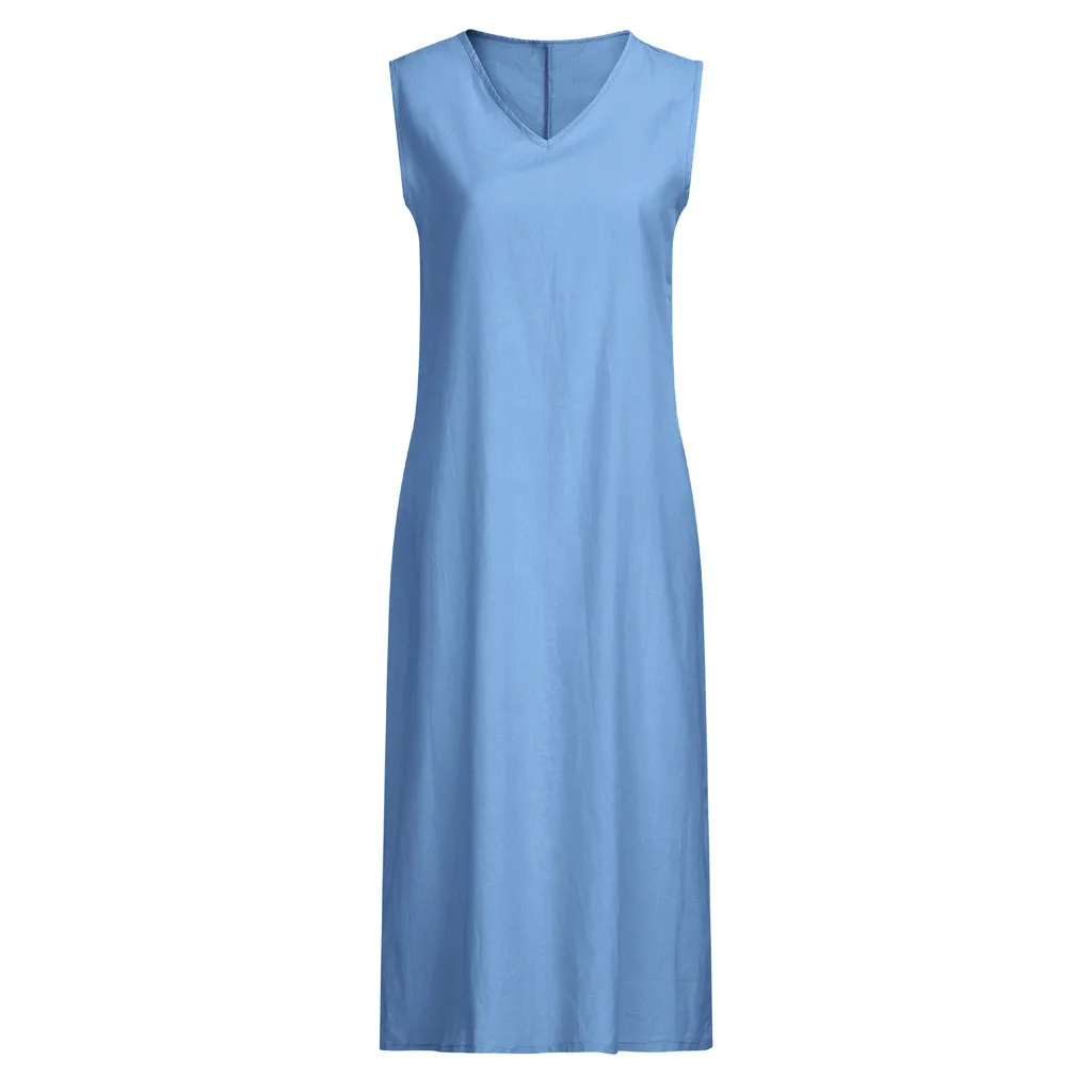 Праздничное Платье женское однотонное без рукавов с v-образным вырезом из хлопка