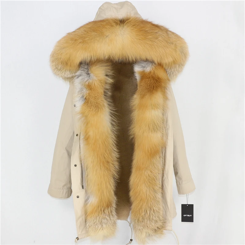 beige gold OFTBUY брендовая зимняя куртка женская длинная парка пальто из натурального меха воротник из натурального Лисьего меха Роскошные парки верхняя одежда Толстая теплая уличная одежда - Цвет: beige gold