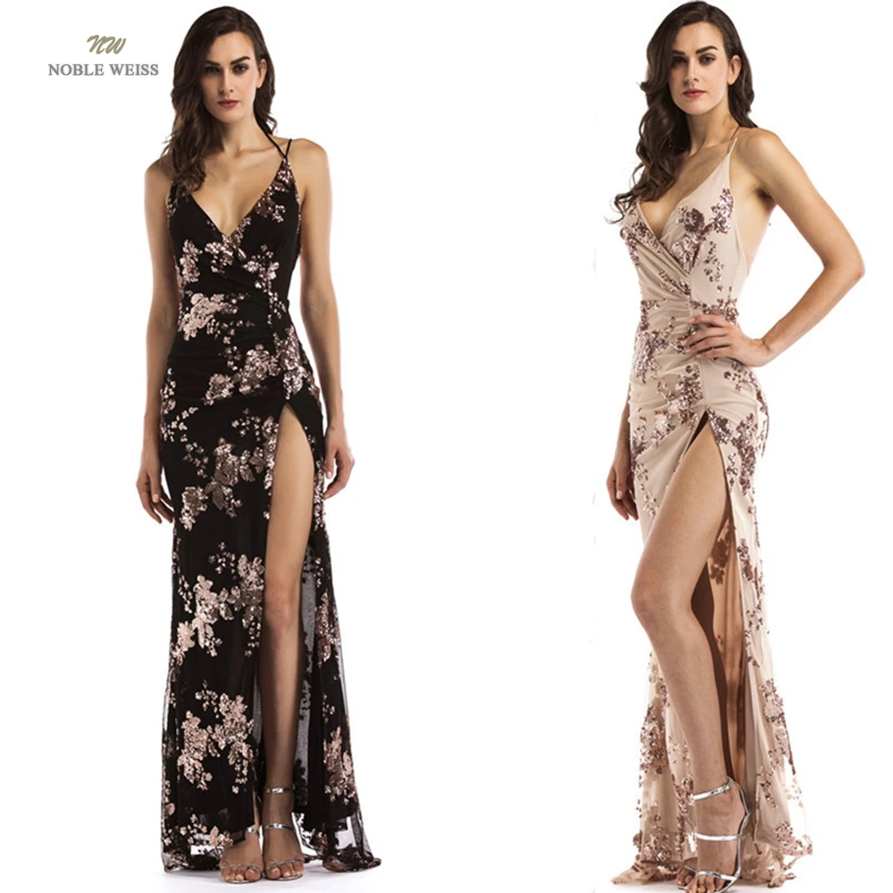 

Sexy Evening Dresses Black Sequin Mermaid Split V-Neck Bare Back Prom Party Dress With Sweep Train