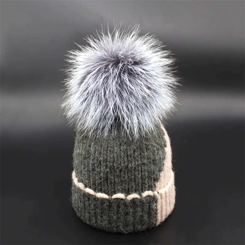 Милые вязаные шапочки, детская зимняя шапка, детские шапки gorro, шапки из натурального меха серебристой лисы для девочек - Цвет: dark grey