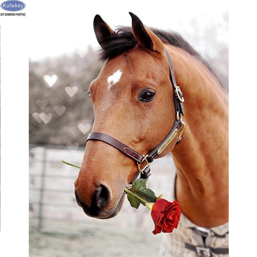 Домашний декор: Разноцветная вышивка крестом с бриллиантами 5D "Лошадь с розой" с индивидуальной фотографией.