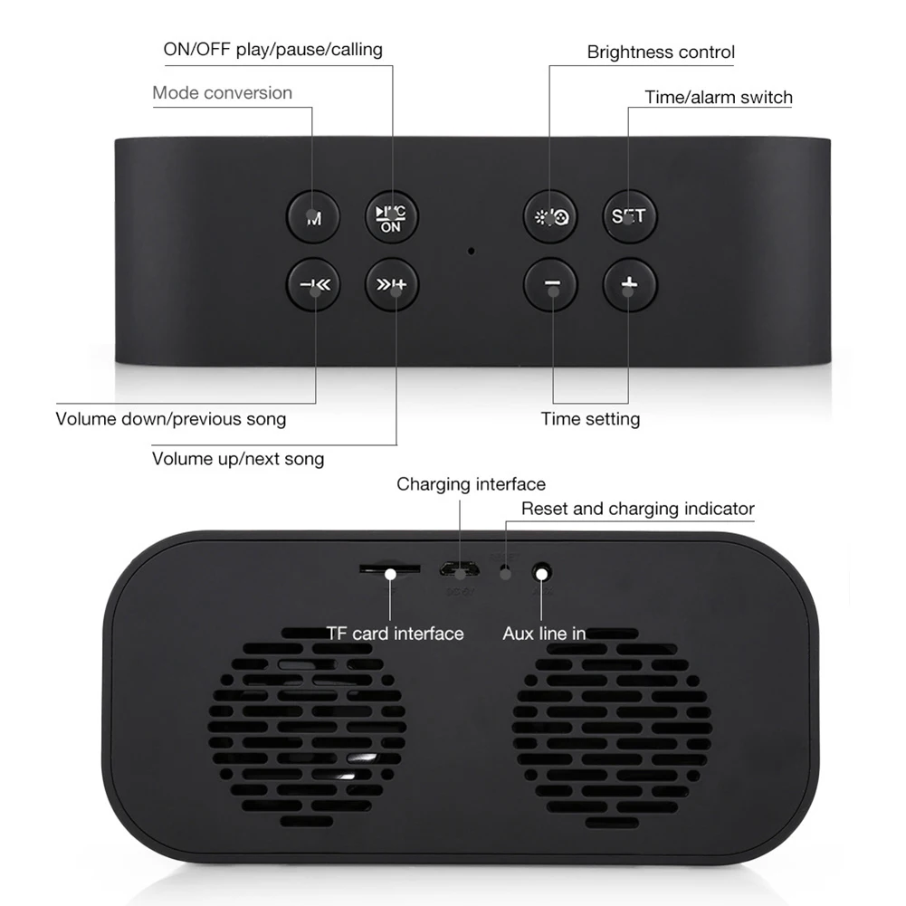 Bluetooth Speaker with FM Radio LED Mirror Alarm Clock Subwoofer Music Player Snooze Desktop Clock Portable Mirror MP3 Player