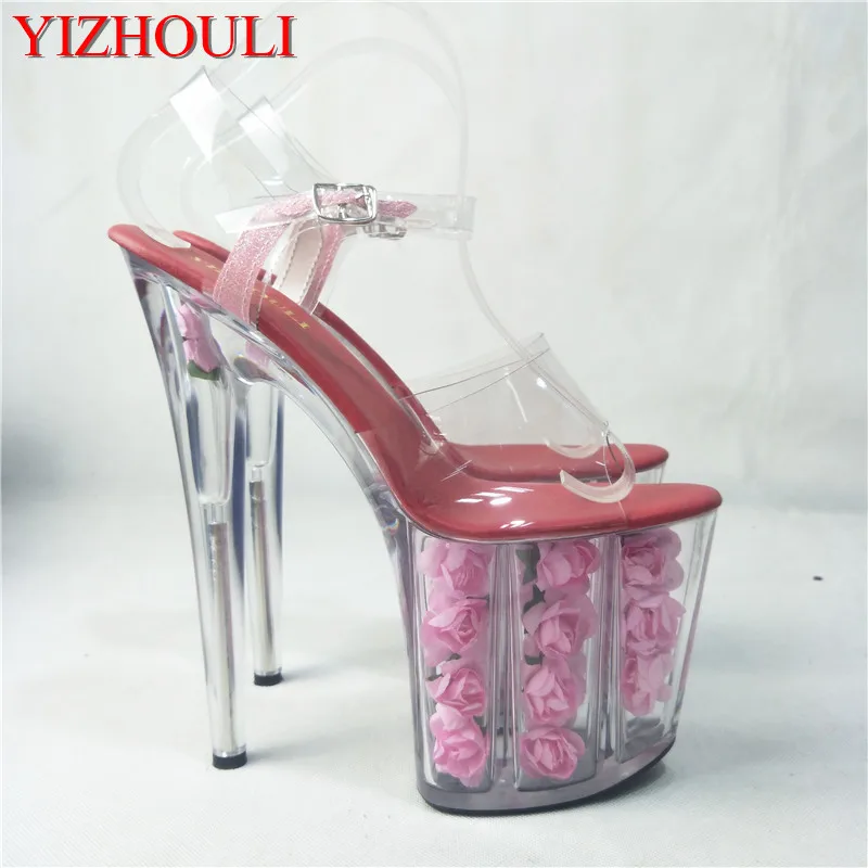 Sexy and see-through 20cm high heels with pink roses for lady's sandals crystal dance shoes