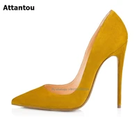 yellow suede leather pump pointed toe stiletto high heel dress shoes fashion candy color office lady party dress shoes 120mm