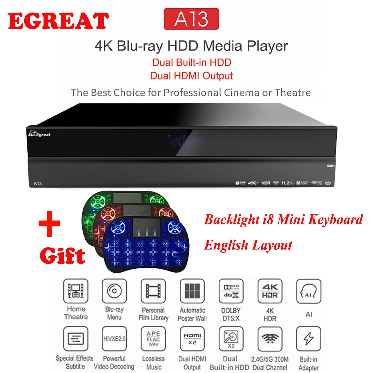 Egreat A13 4K UHD Blu-Ray HDD медиаплеер, двойной Встроенный HDD, двойной HDMI выход Android tv Box лучший выбор для кино или театра