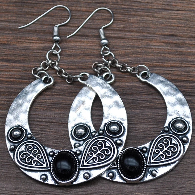 2 Pcs/Set Bohemian Retro Fashion Carved Opal Round Moon Gem Silver Color Pendant Earrings Personality Party Gift | Украшения и