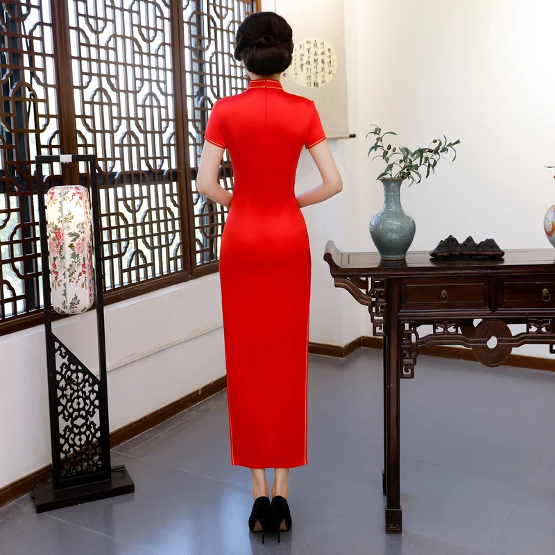 Chinese dress modern cheongsam 2018 catwalk performance wedding red peony flower long clothing type | Тематическая одежда и