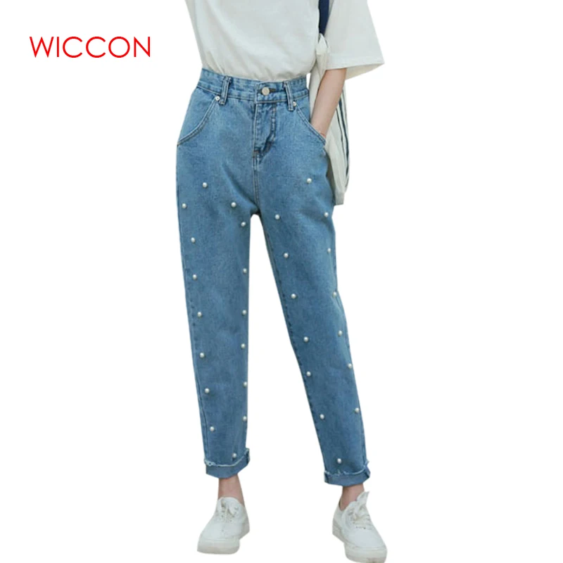 

WICCON Jeans Women Slim Loose Trousers Straight Denim Harem Pants Embroidered Flares Jeans Casual Vintage Blue High Waist Jeans