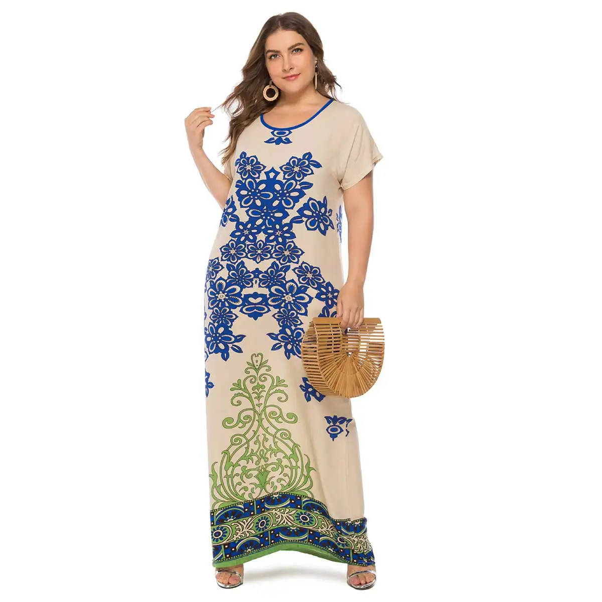 Women Muslim Abaya Maxi Dress Summer Floral Print Loose Bohemian Short Sleeve Kaftan Arab Dressing Gown Jubah Islamic Clothing |