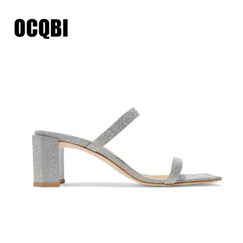 Женские шлепанцы без застежки на толстом квадратном каблуке летние уличные