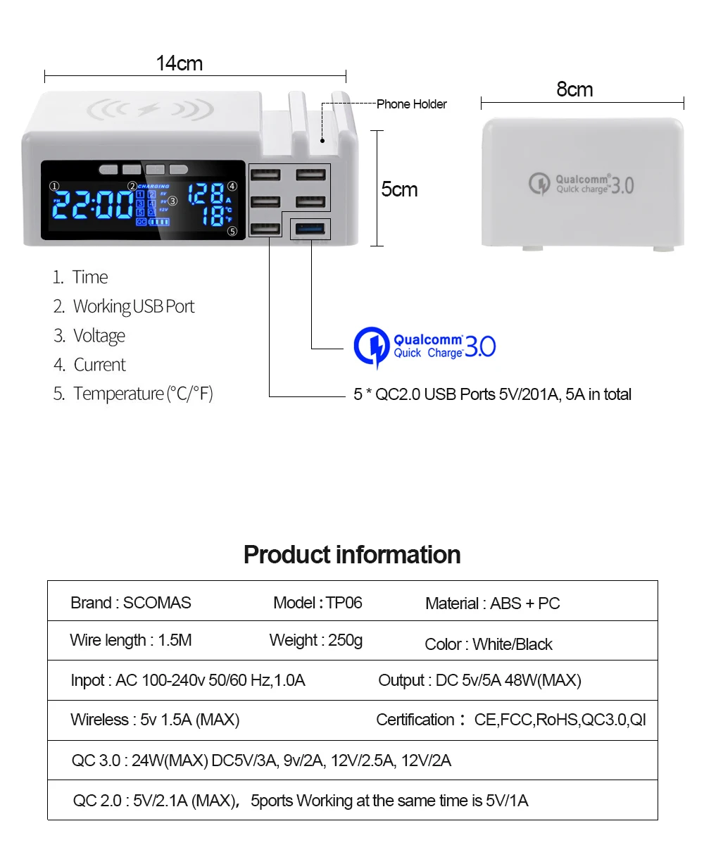SCOMAS Qi Беспроводное USB зарядное устройство 48 Вт светодиодный дисплей Быстрая зарядка 3,0 быстрая Зарядная Станция 6 портов для Iphone samsung huawei Xiaomi