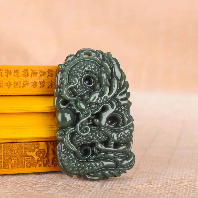 

Natural Green Jade Dragon Pendant Necklace Charm Jewellery Fashion Accessories Hand-Carved Man Luck Amulet Gifts