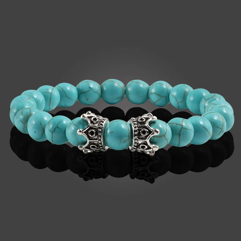Vintage Alloy CZ Crown Beaded Bracelets Natural Stone Blue Turquoises Hematite Couple Bracelet for Women Men Accessories Jewelry | Украшения