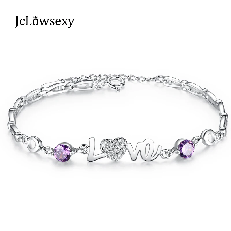 100% 925 Sterling Silver Fine Jewelry Purple Crystal Charm Bead Bracelet Women Heart Love Bracelets Valentines Day Gift | Украшения и