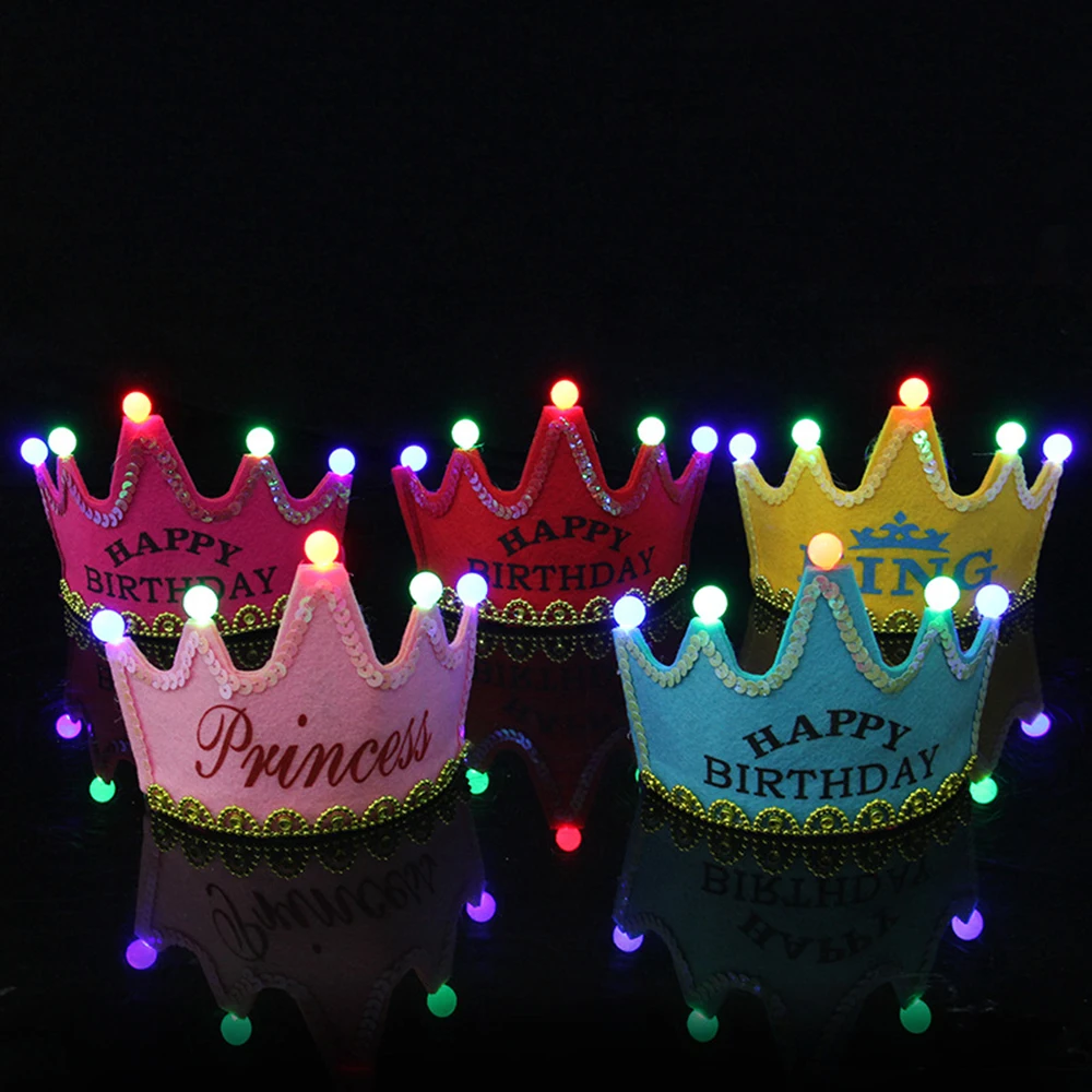 Birthday Crown с светодиодный светильник для мальчик и девочка принцесса король короной «С Днем Рождения» Кепки повязка на голову для рождественской вечеринки Прямая