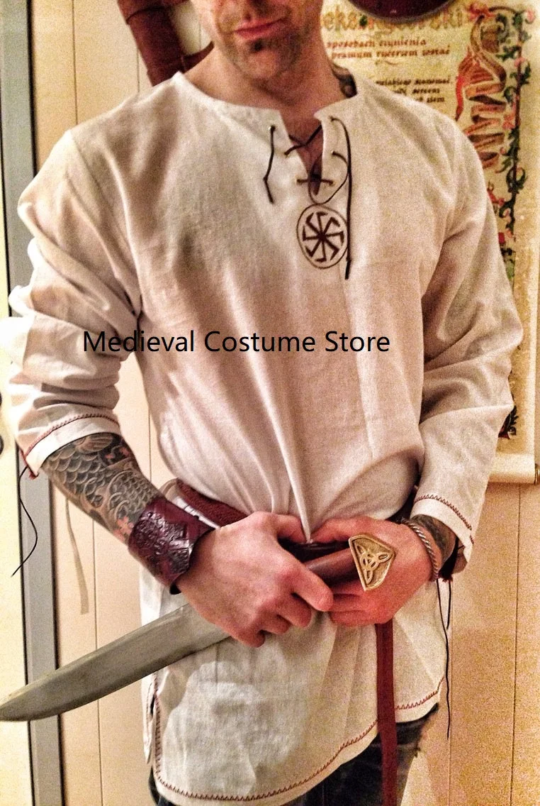 Взрослые мужчины средневекового Ренессанса воин-Викинг Костюм Рыцаря туника Топ