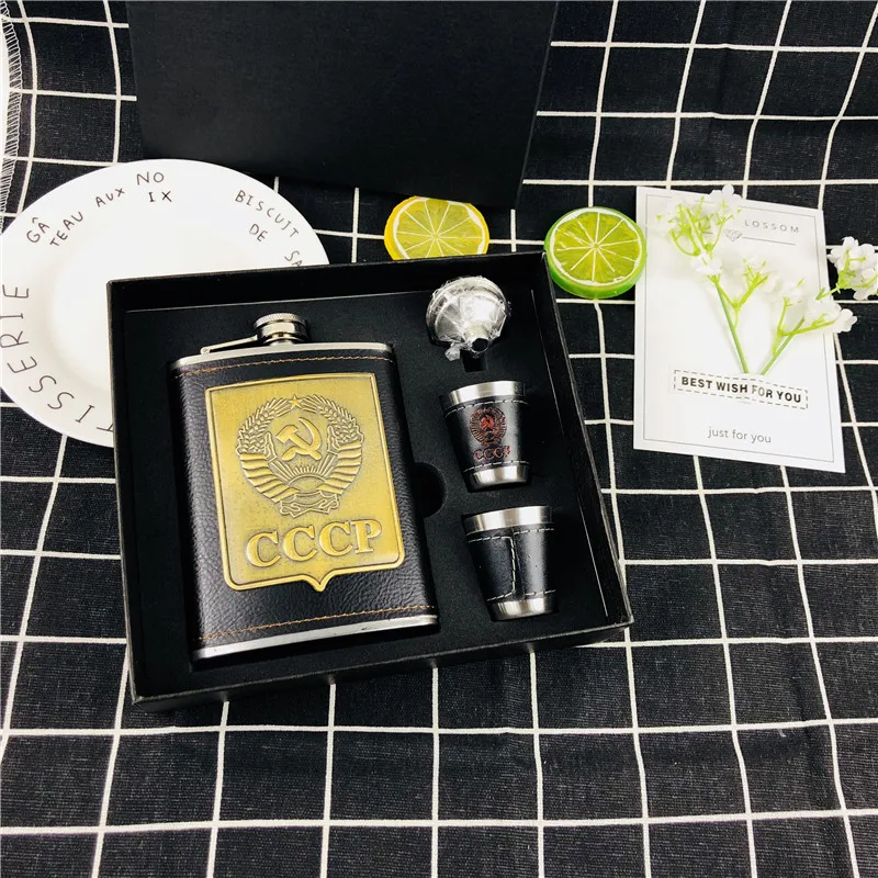 Bpa free 8 унций обернутая искусственной кожей бутылка для виски Cccp Воронка FLAGON нержавеющая сталь водка чашка спирт бедра фляжка набор с подарочной коробкой