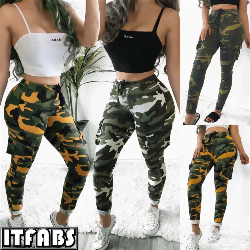 Модные женские эластичные камуфляжные брюки на завязках летние облегающие