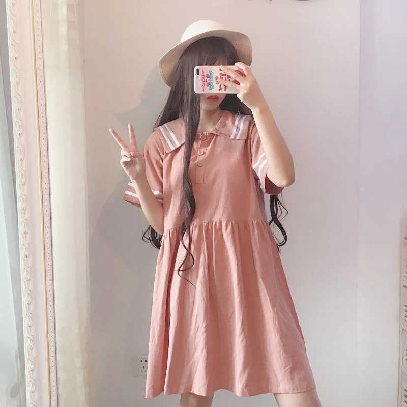 Женское японское розовое платье матросского цвета милое школьное с вышивкой и