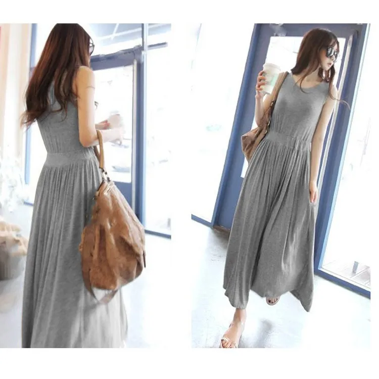 2019 Summer Women Sleeveless Loose Casual Dress Sexy Pleated Solid Beach Maxi Robe Femme | Женская одежда